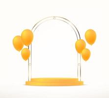 White background 3d with yellow podium and balloons. 3D abstract studio room with pedestal podium. Space for selling products, backdrop, wallpaper, background, text. illustration. vector