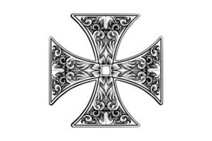 Maltese cross icon illustration with hand drawn black and white vector