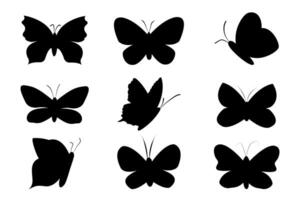 Set of black silhouettes of butterflies of different shapes and types for graphic design. Isolated illustration on white background. vector
