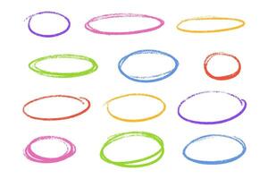 Crayon ellipse highlight chalk collection. Oval outlines with grainy texture on white background. vector