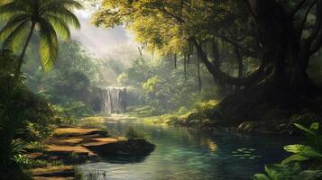 A lush jungle with a waterfall and a river. The scene is peaceful and serene, with the sunlight filtering through the trees and casting a warm glow on the water photo