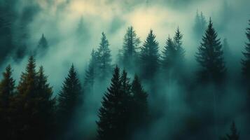 A dense forest with a thick fog covering the trees. The fog creates a mysterious and eerie atmosphere, making the forest appear almost otherworldly. The trees are tall photo