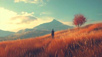 A man stands in a field of tall grass, looking out over a mountain range. The scene is peaceful and serene, with the man alone in the vast landscape photo