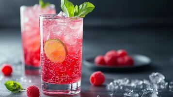 Two glasses of a pink drink with a slice of lime in one of them. A plate of raspberries is on the table photo