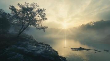A tree is in the foreground of a foggy, misty landscape. The sun is setting, casting a warm glow over the water. The scene is peaceful and serene photo