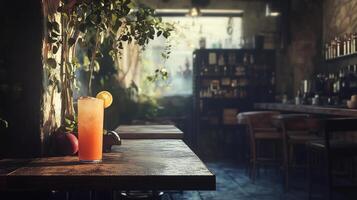 A drink is on a table in a bar with a view of a tree outside. The drink is a cocktail with a slice of lemon. The bar has a lot of chairs and a few bottles on the shelves photo