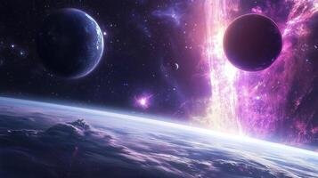 A beautiful and tranquil space scene with two planets and a purple cloud floating in the sky. The planets are positioned at opposite ends of the frame photo