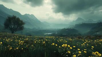 A field of yellow flowers with a tree in the foreground. The sky is cloudy and the mountains in the background are covered in snow photo