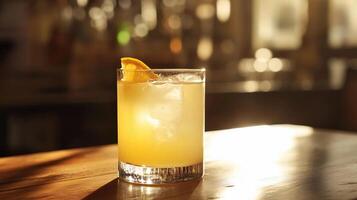 A glass of a drink with an orange slice in it sits on a wooden table. The drink appears to be a cocktail, and the orange slice adds a touch of color and flavor photo