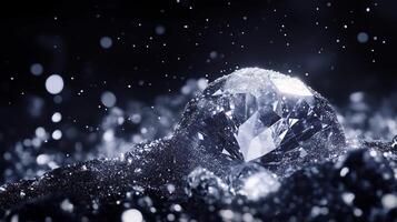 A diamond is on a black surface with a lot of glitter. The diamond is surrounded by a lot of sparkles, giving it a shiny and glamorous appearance photo