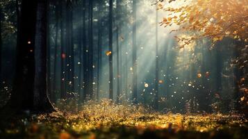 A forest with a tree in the foreground and a lot of leaves on the ground. The leaves are scattered all over the ground, and the sunlight is shining through the trees photo
