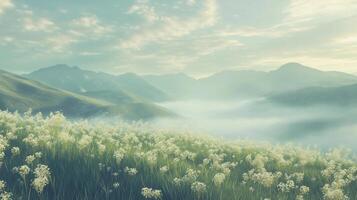 A field of grass with a cloudy sky in the background. The sky is a mix of blue and white, and the clouds are scattered throughout. The field is lush and green photo