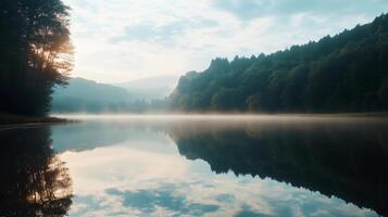 A calm lake with a cloudy sky in the background. The water is still and the reflection of the trees and sky can be seen photo