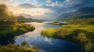 A beautiful landscape with a lake and mountains in the background. The sky is cloudy and the sun is setting photo
