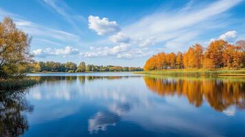 A beautiful lake with a clear blue sky and a few trees in the background. The water is calm and still, reflecting the sky and the trees. The scene is peaceful and serene photo