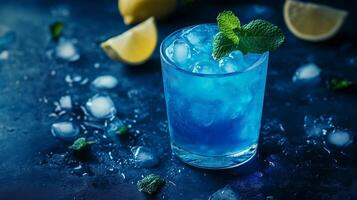 A glass of blue liquid with a green leaf on top. The drink is served in a glass with ice cubes photo