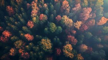 A forest with many trees in various colors of fall. The trees are in a spiral pattern. The sky is cloudy and the sun is shining through the trees photo