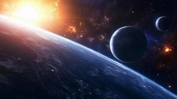 A beautiful image of the Earth and the Moon with a bright sun in the background. The sun is shining on the Earth and the Moon, creating a warm and inviting atmosphere photo