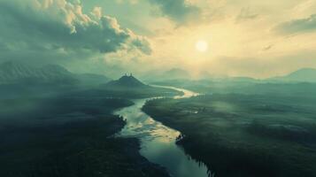 A beautiful landscape with a river running through it. The sky is cloudy and the sun is setting photo
