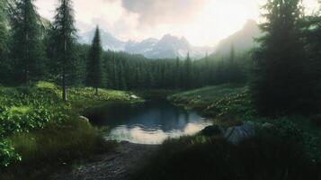 A serene forest scene with a small pond in the middle. The water is calm and the trees are lush and green. Scene is peaceful and tranquil photo