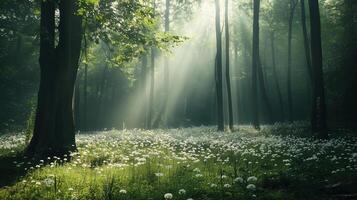 A forest with a tree in the foreground and a field of white flowers in the background. The sun is shining through the trees, creating a peaceful and serene atmosphere photo