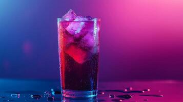 A glass of a purple drink with ice in it. The drink is on a table with a purple background photo
