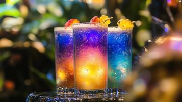 Three colorful drinks with fruit garnishes on top. The drinks are in tall glasses and are placed on a table photo
