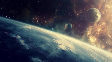 A beautiful and serene view of the Earth and the Moon in the sky. The Earth is surrounded by a vast expanse of stars and the Moon is visible in the distance photo