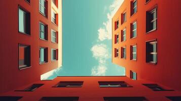 A building with a red exterior and a blue sky in the background. The building has many windows and a large window in the middle photo