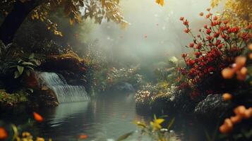 A forest scene with a waterfall and a river. The water is calm and the trees are lush and green photo