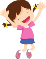 Excited girl jumping with both hands in the air. png