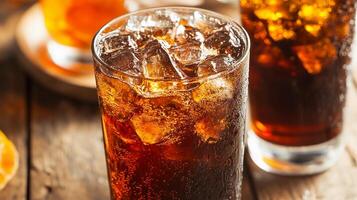 Two glasses of soda with ice cubes in them. One glass is full and the other is half full photo
