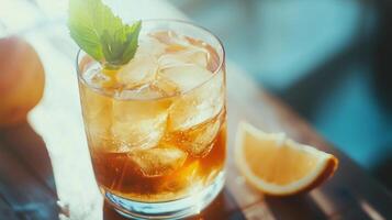 A glass of iced tea with a sprig of mint on top. A slice of orange is on the table next to the glass photo