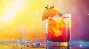 A glass of red drink with an orange slice on top. The drink is cold and refreshing, perfect for a hot day photo