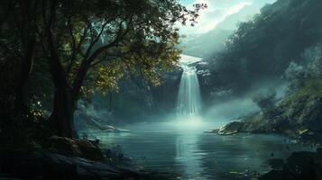 A waterfall is in the foreground of a forest. The water is calm and the sky is cloudy photo