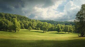 A large field of green grass with trees in the background. The sky is cloudy and the sun is shining through the clouds photo