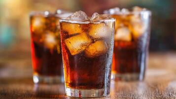 Three glasses of soda with ice cubes in them. The glasses are on a wooden table. Scene is casual and relaxed photo