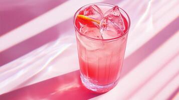 A glass of pink drink with an orange slice in it. The drink is cold and refreshing. The image has a bright and cheerful mood photo