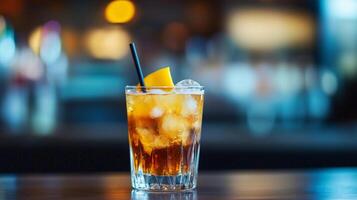 A glass of drink with a straw and a slice of orange in it. The drink is a cocktail and the glass is on a table photo
