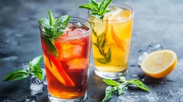 Two glasses of iced tea with mint leaves and lemon slices. One is red and the other is yellow photo