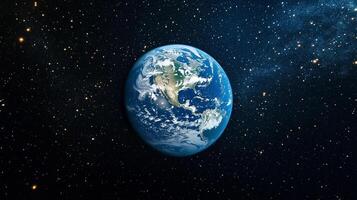 A large blue and white planet in the middle of a dark sky. The planet is surrounded by a lot of stars photo