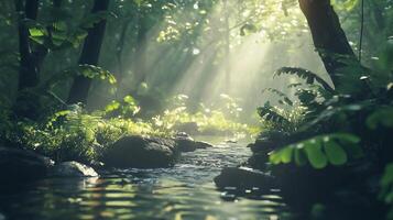 A tranquil forest stream with sunlight streaming through the trees, creating a serene and peaceful atmosphere. The water is calm and clear, reflecting the surrounding greenery photo