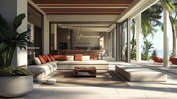 A large open living room with a white couch, a coffee table, and a potted plant. The room has a modern and spacious feel, with a view of the ocean photo