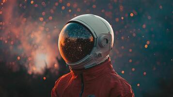A man in a red spacesuit is standing in front of a starry sky. The image has a dreamy, otherworldly feel to it, as if the man is an astronaut exploring the universe photo