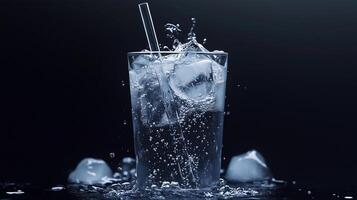 A glass of water with ice cubes and a straw in it. The water is cold and the ice cubes are melting, creating a splash. Concept of refreshment and relaxation, as the cold water photo