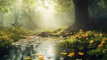 A tranquil forest scene with a large tree in the foreground and a stream running through it. The sunlight is shining through the trees, creating a warm and inviting atmosphere photo