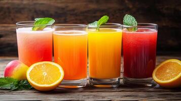 Four glasses of different colored drinks with a slice of orange in the middle. The drinks are orange, pink, and red photo