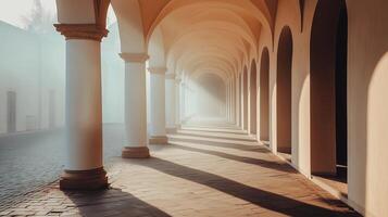 A long hallway with white pillars and a sunbeam shining through the arches. The sunlight casts a warm glow on the stone floor photo