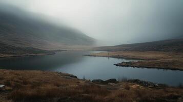 A lake is surrounded by a field of grass. The sky is overcast and the water is calm photo