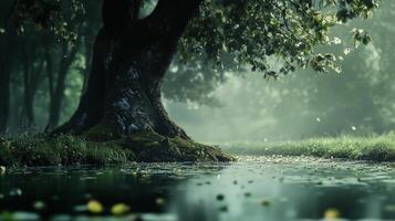 A tree is in the foreground of a forest. The water is calm and the sky is cloudy photo
